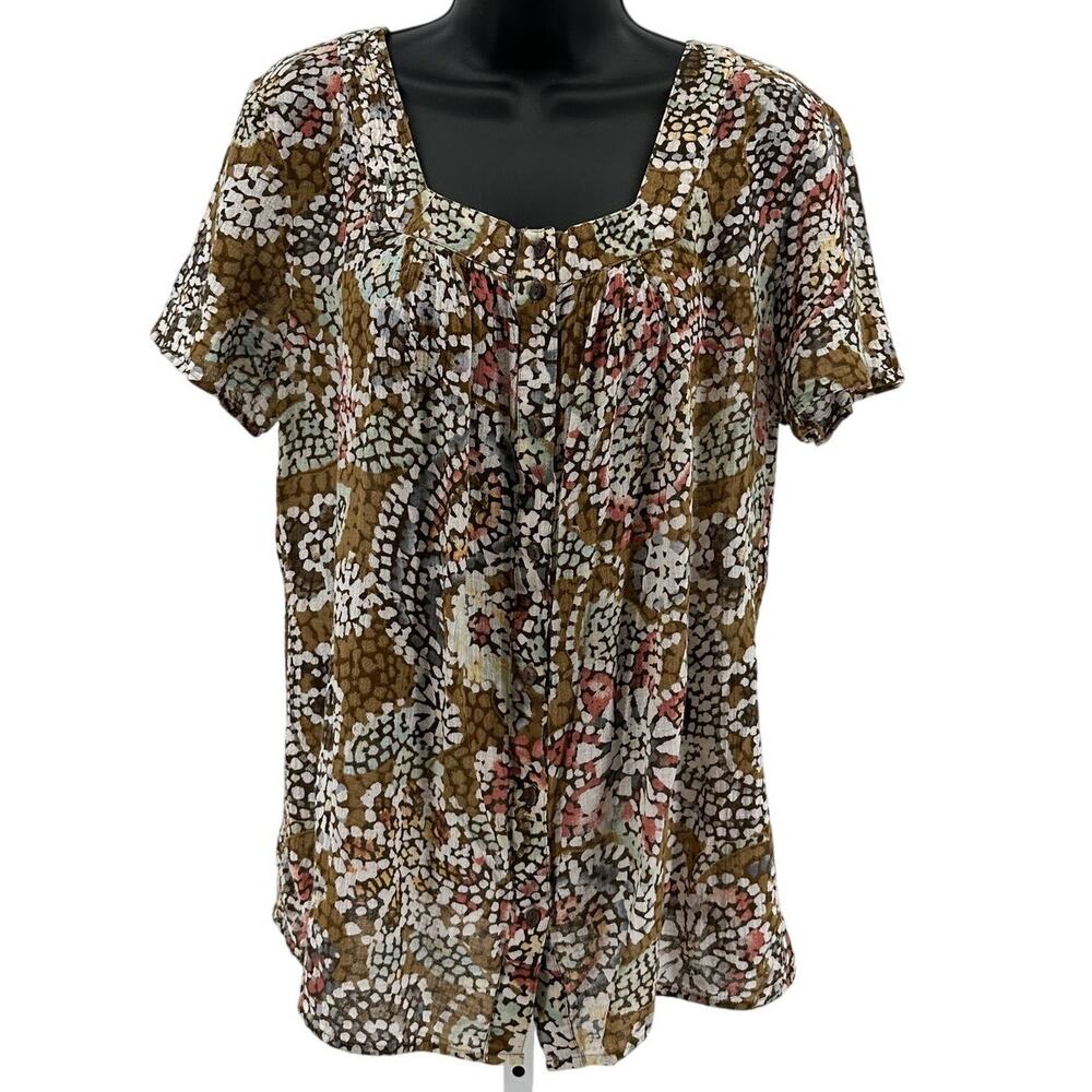 Lemon Grass Studio Blouse WMNS L Button Up Square Neck Floral/Geo Top Brown/Teal